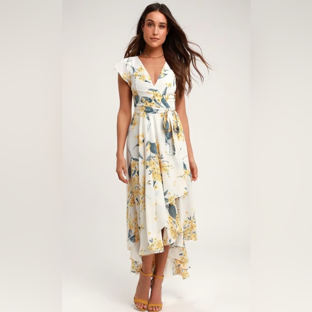 Lulus French Countryside White and Yellow Floral Print High-Low Dress